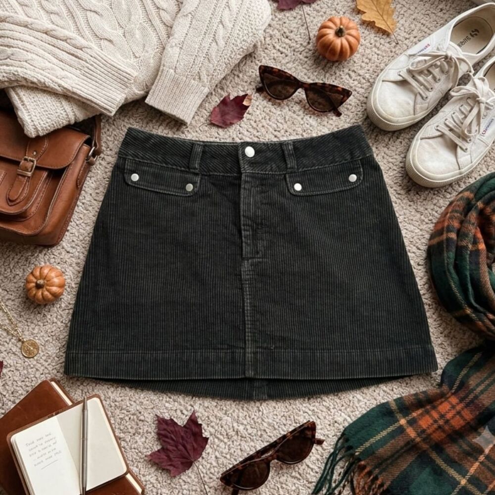 Abercrombie & Fitch Corduroy Mini Skirt Dark Academia Forest Green Size 8